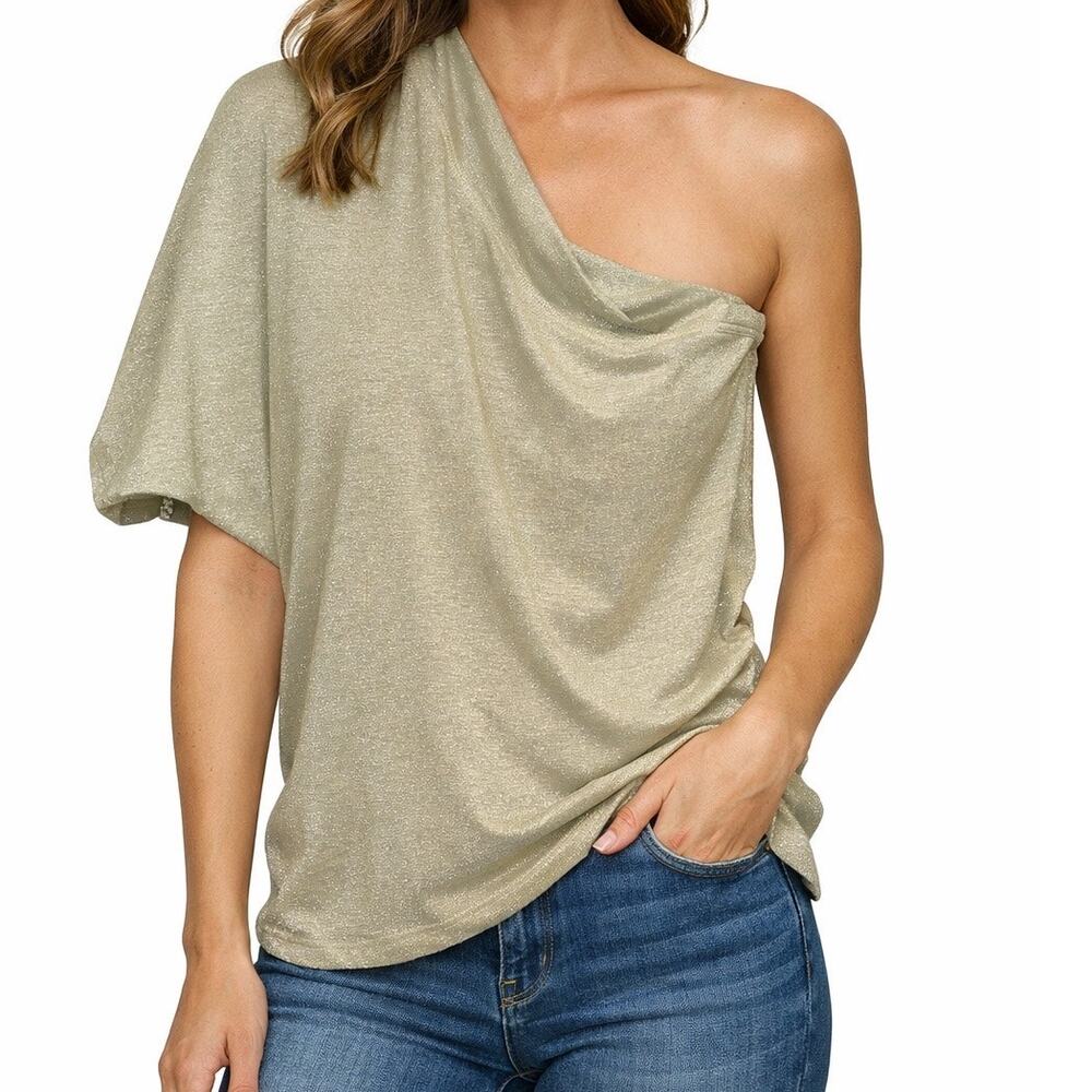 NWT Trina Turk Kona Metallic One Shoulder Blouse Silver Top Medium Draped